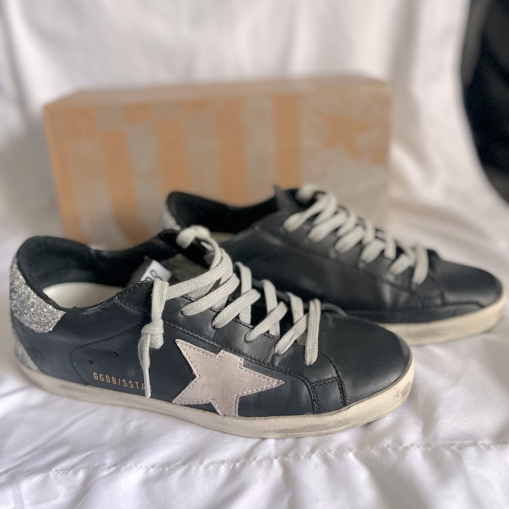 Golden Goose Superstar Black w/ Silver Glitter heel, 38